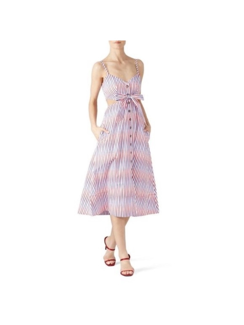 SALONI Pink and Blue Striped Tie-Front Midi Dress